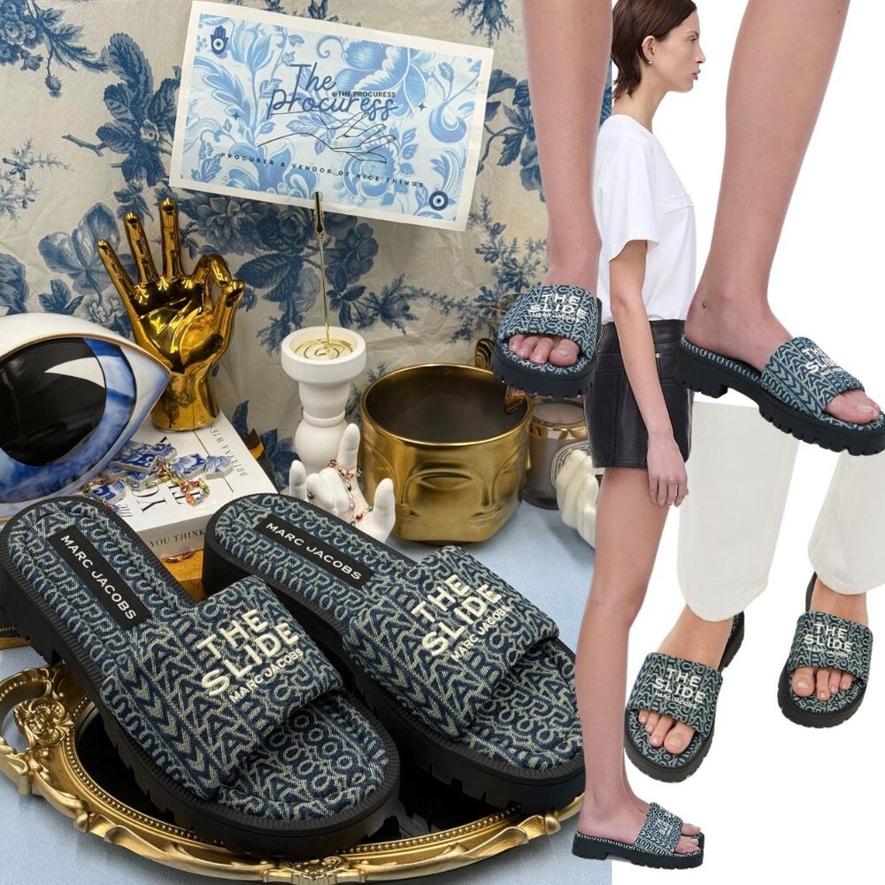 🆕 MARC JACOBS 🧿 NWOB The Lug Sole Slide, Monogram Denim - Sz 39 US 9